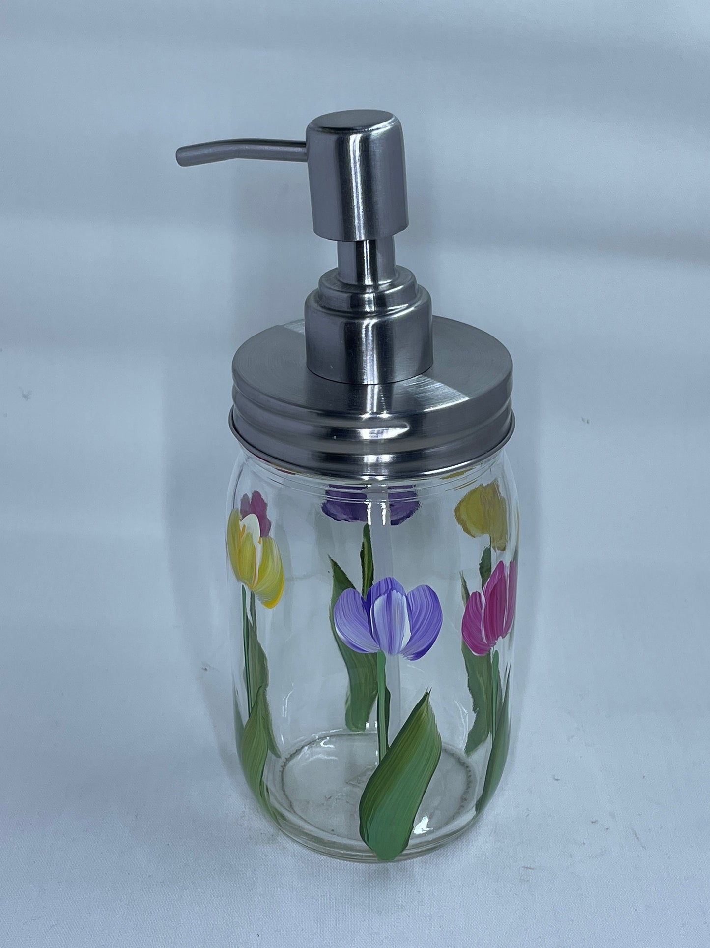 Spring Tulips Hand Painted on 16 oz Mason Jar with choice of foaming or stainless steel pump. Hand Painted