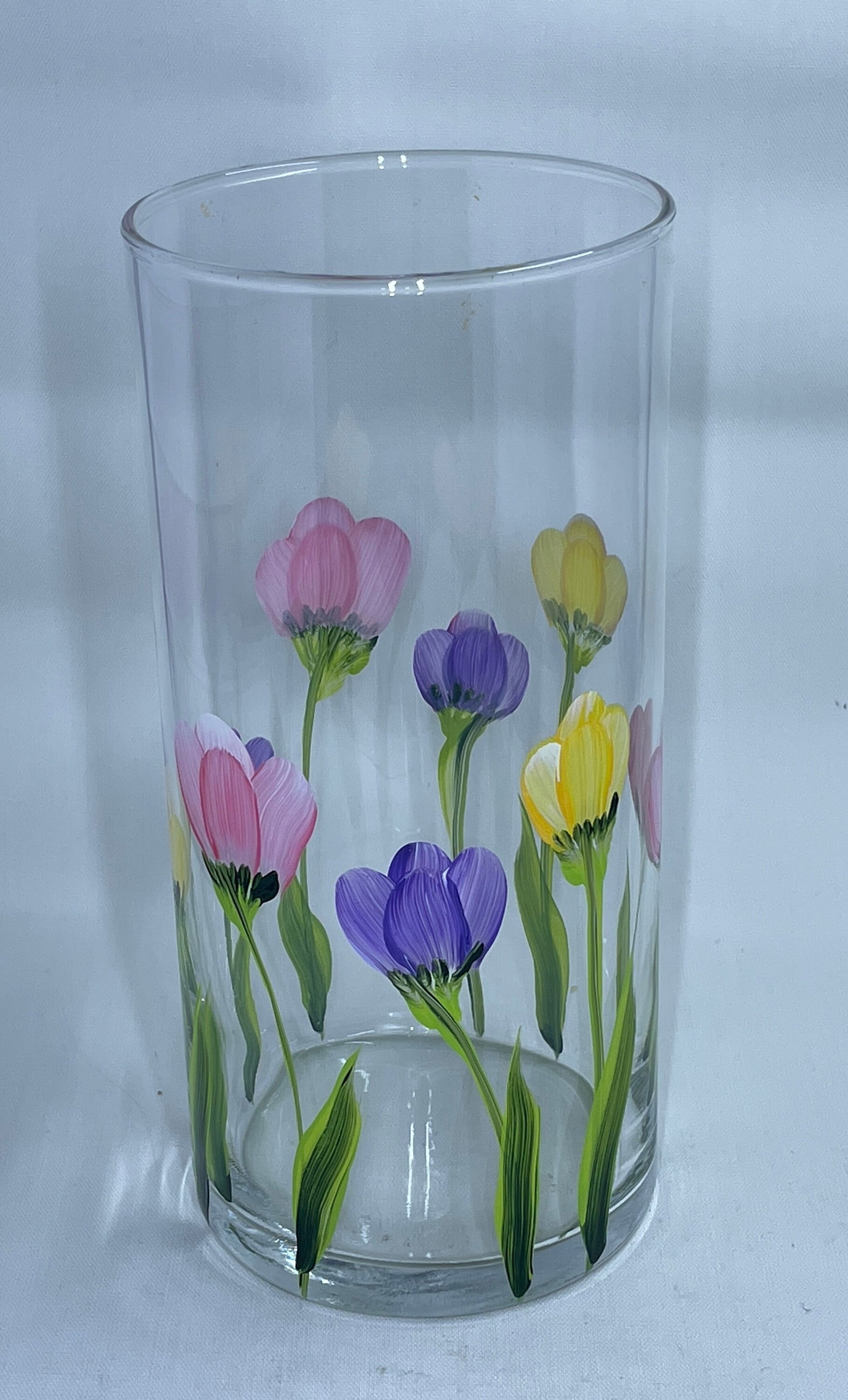 Hand painted Spring Vase with Pink, Purple and Yellow Tulips