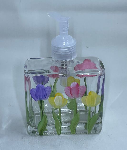 Tulips Soap Dispenser Hand Painted with  Pink, Purple and Yellow flowers Hand Painted  Stainless Steel or Plastic pump