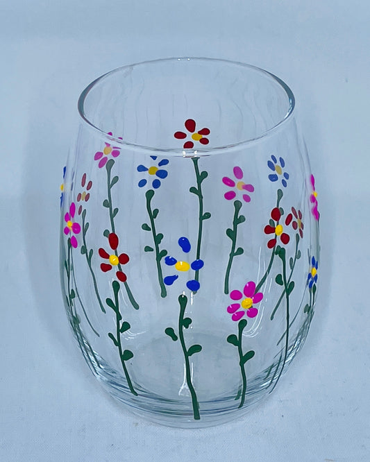 Hand Painted 15 oz  Stemless Wine Glass for Spring with Pink and Purple Flowers  Great Gift for Spring