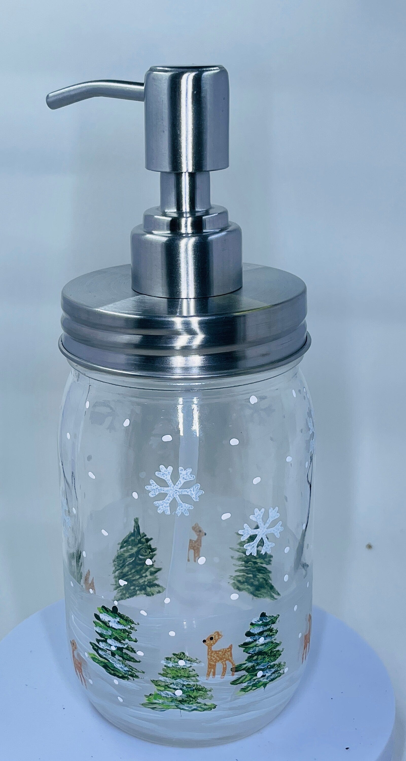 Hand Painted Reindeer in Snow Mason Jar Soap Dispenser 16 oz with stainless steel soap pump