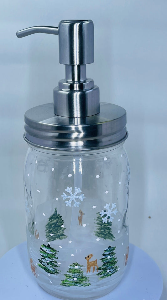 Hand Painted Reindeer in Snow Mason Jar Soap Dispenser 16 oz with stainless steel soap pump