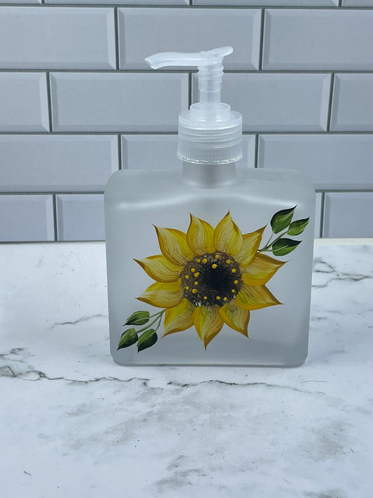 Single sunflower in frosted soap dispenser 8 0z plastic or stainless steel pump new item