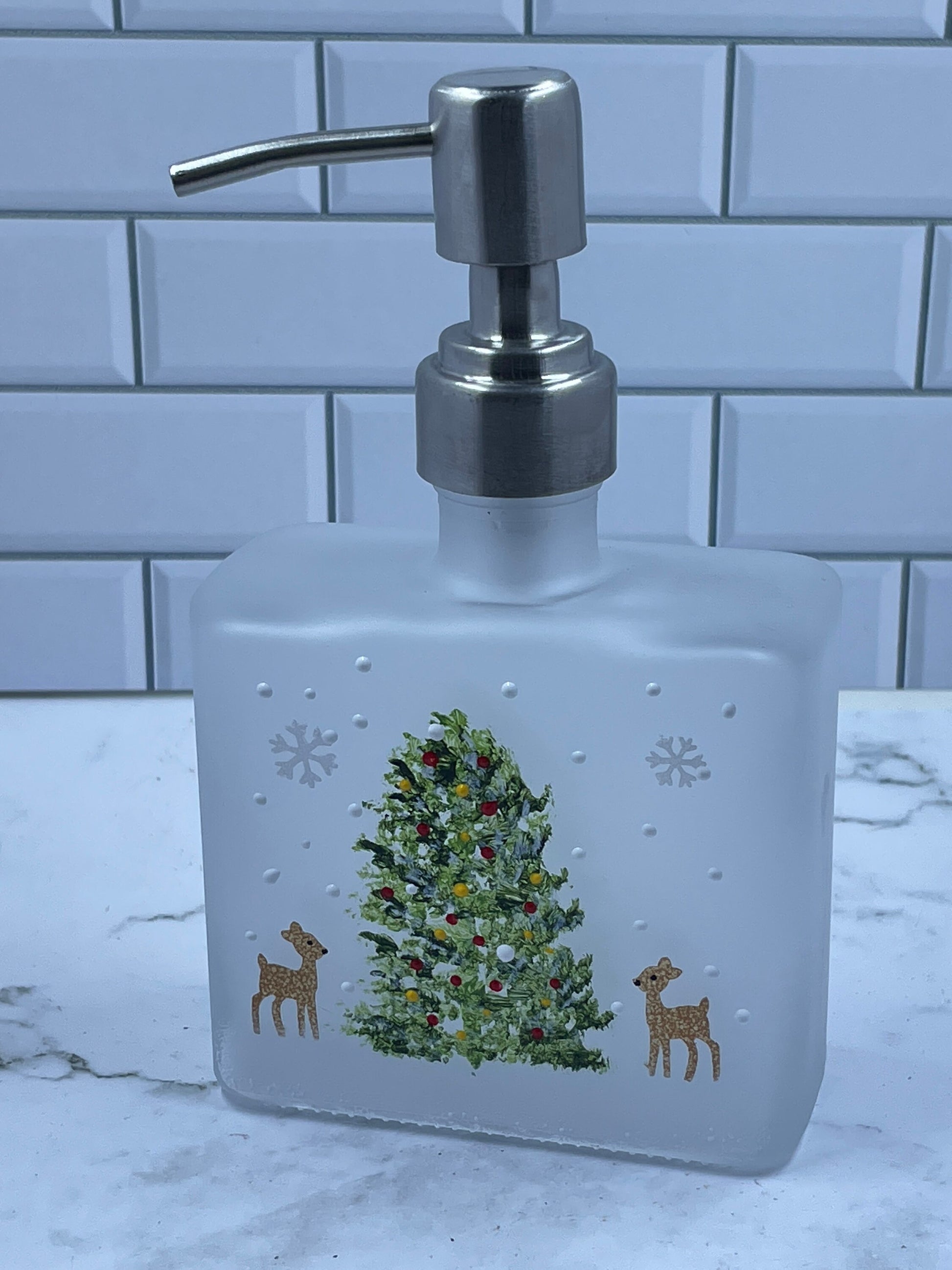 Hand painted Frosted Lotion or Hand Sanitizer Dispenser with two tiny reindeer and Christmas Tree great for kitchen or bath