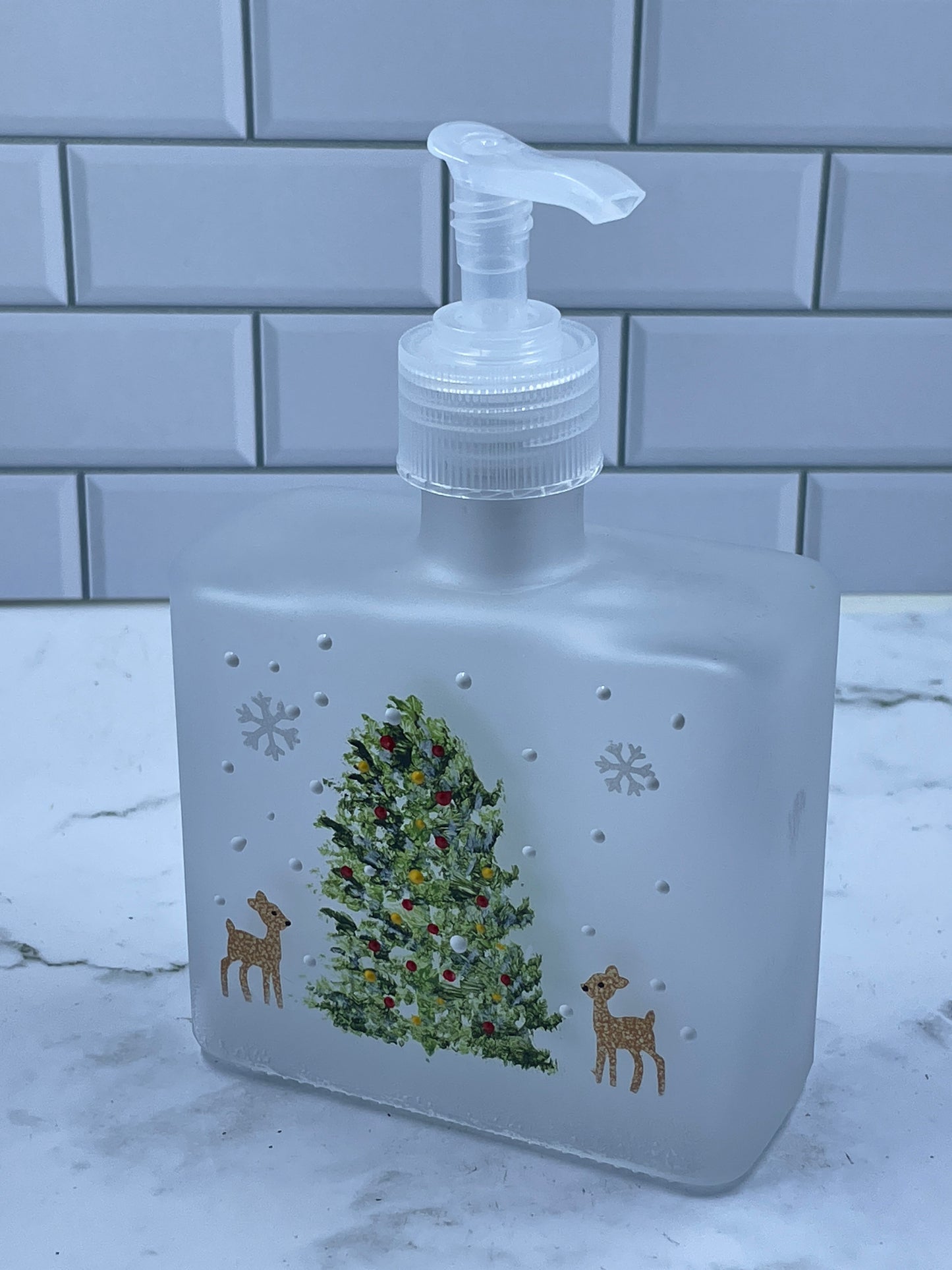 Hand painted Frosted Lotion or Hand Sanitizer Dispenser with two tiny reindeer and Christmas Tree great for kitchen or bath