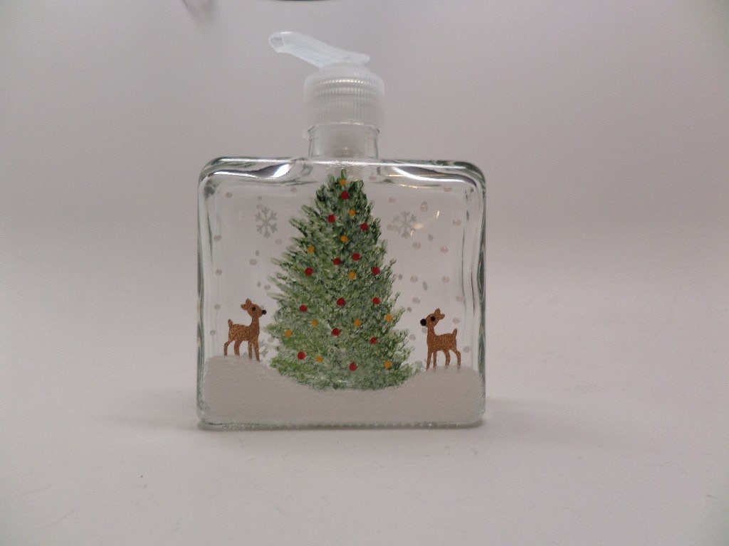 Hand Painted Soap Dispenser with two tiny reindeer and Christmas Tree
