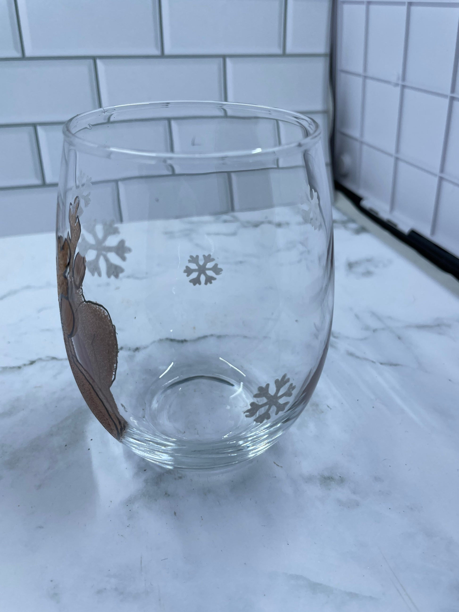 Hand Painted Reindeer stemless wine glass tumbler 15 oz