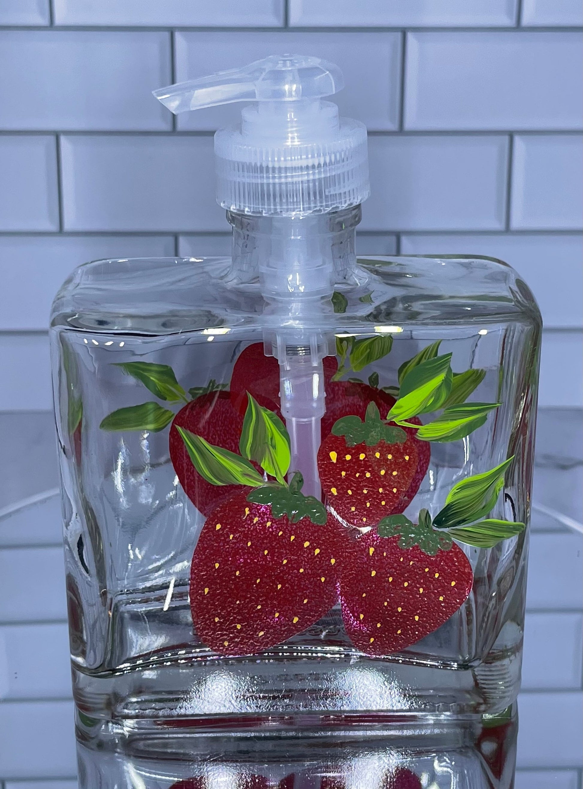 Strawberry Soap Dispenser 8 oz, pump refillable glass dispenser